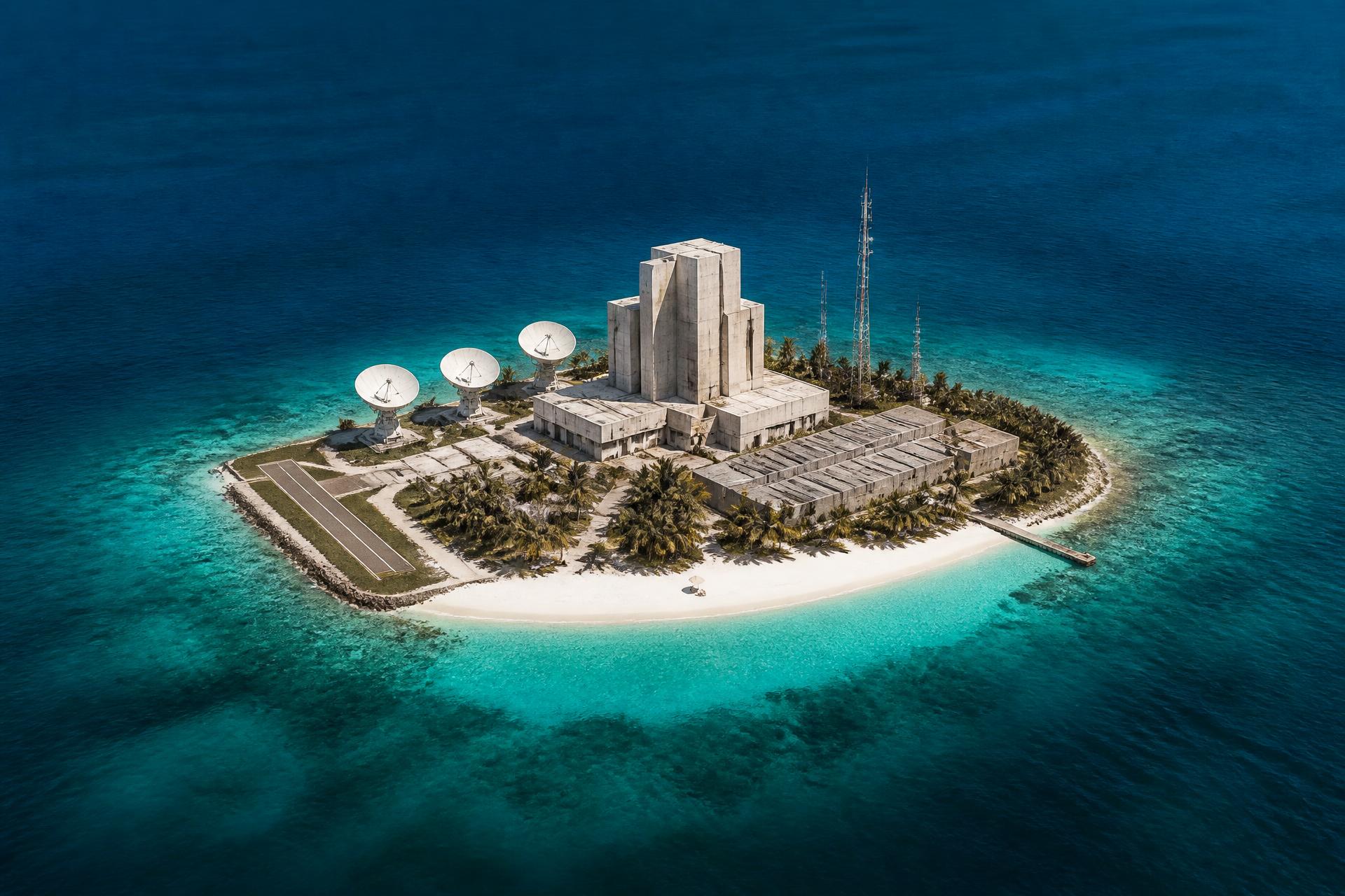 Aerial view of Null Island: a tiny tropical island holding a brutalist government headquarters, satellite dishes, a data centre, one runway and a white beach